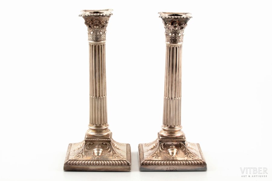 pair of candlesticks, silver, 925 standard, total weight of items (with filling material) 1766.5 g, h 24.9 / 25.1 cm, 1905, London, Great Britain, import hallmark of Finland