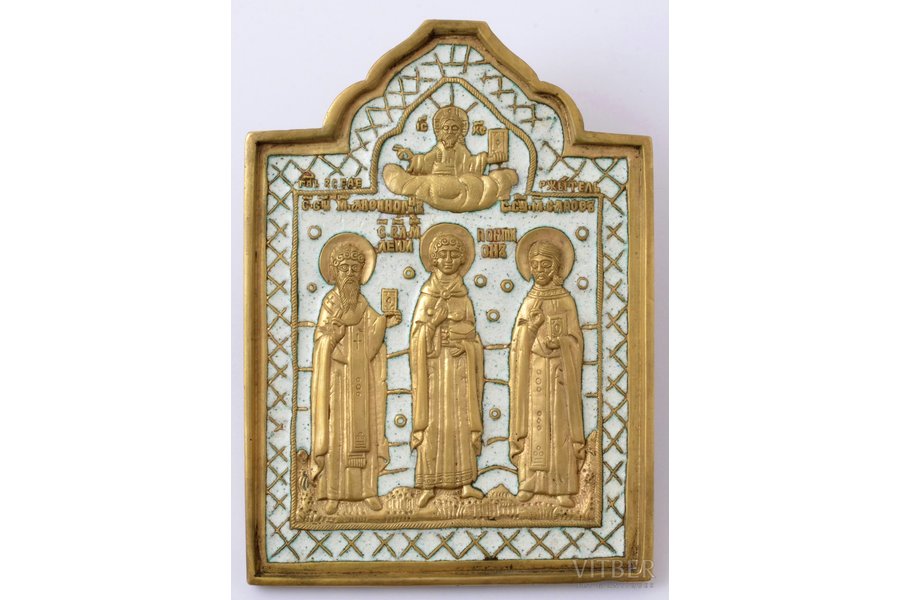ikona, Izvēlēti svētie: Panteleimons, Atenogēns un Sadoks, vara sakausējuma, 1-krāsu emalja (baltā krāsā), Maskava, Krievijas impērija, 19. gs., 12.9 x 9.4 x 0.6 cm, 321 g.