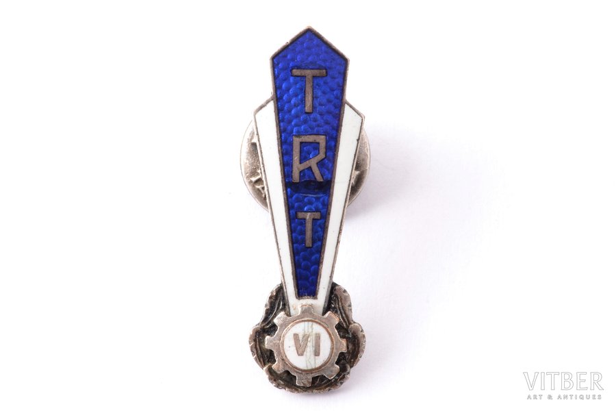 badge, technical school, TRT, graduation VI, silver, USSR, Estonia, 1961, 36.4 x 11.6 mm, enamel chip