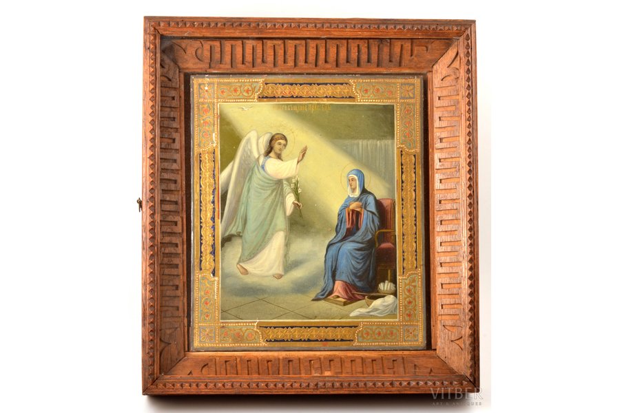 ikona, Vissvētās Dievmātes pasludināšana, rāmī, dēlis, gleznojums, zeltījums, Krievijas impērija, 31 x 26.3 cm, rāmis 41.3 x 37 x 8.6 cm