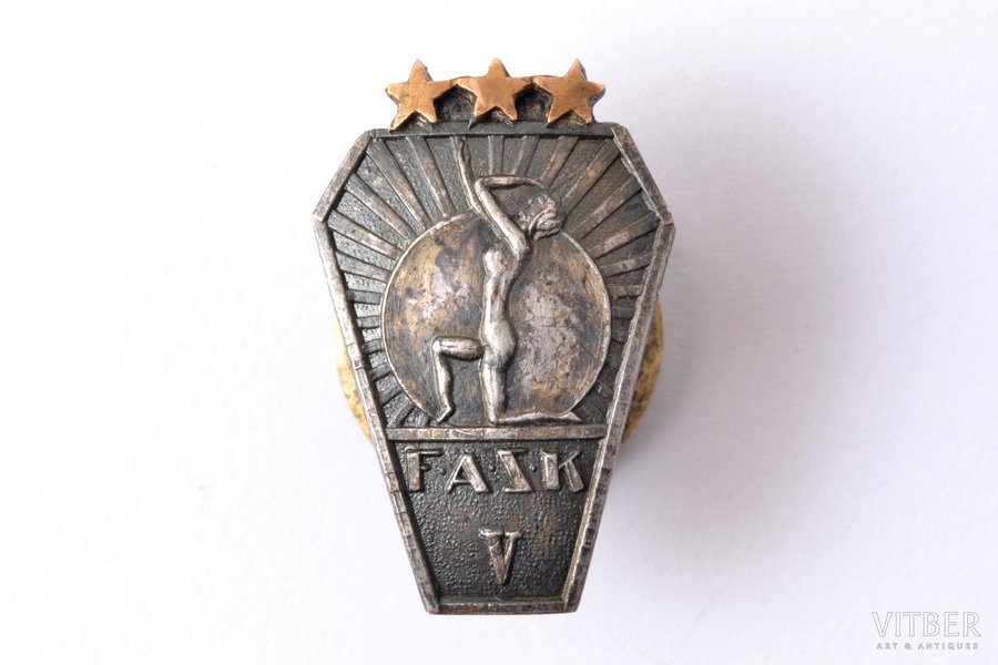 badge, FASK, sports club(?), silver, Latvia, 20-30ies of 20th cent., 25.5 x 15.7 mm, 3.30 g