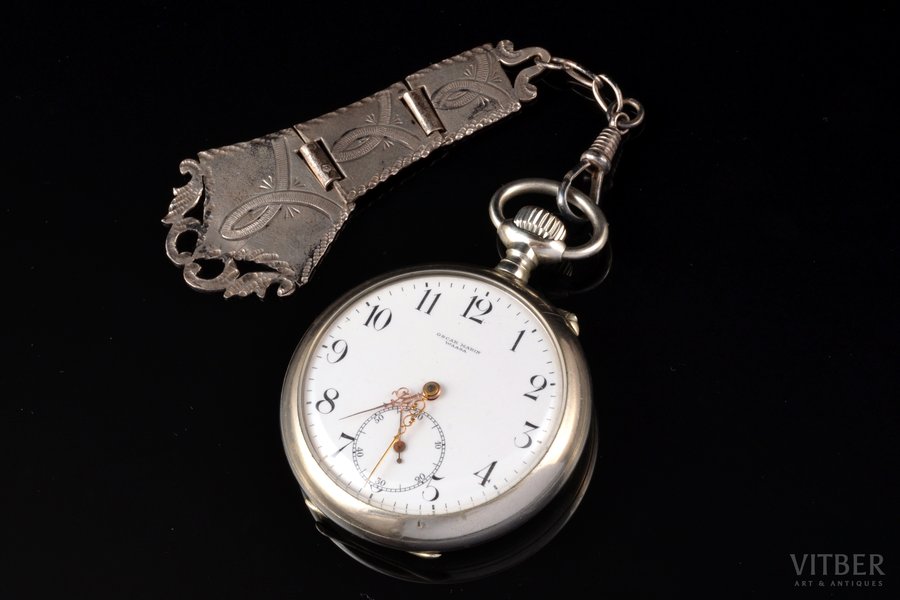 pocket watch, watch fob, "Oscar Marin", metal, 89.45 g, 6.3 x 5.1 cm, Ø 51 mm, mechanism in working order, watch fob: length 11.8 cm, weight 11.9 g, 830 standard, Finland