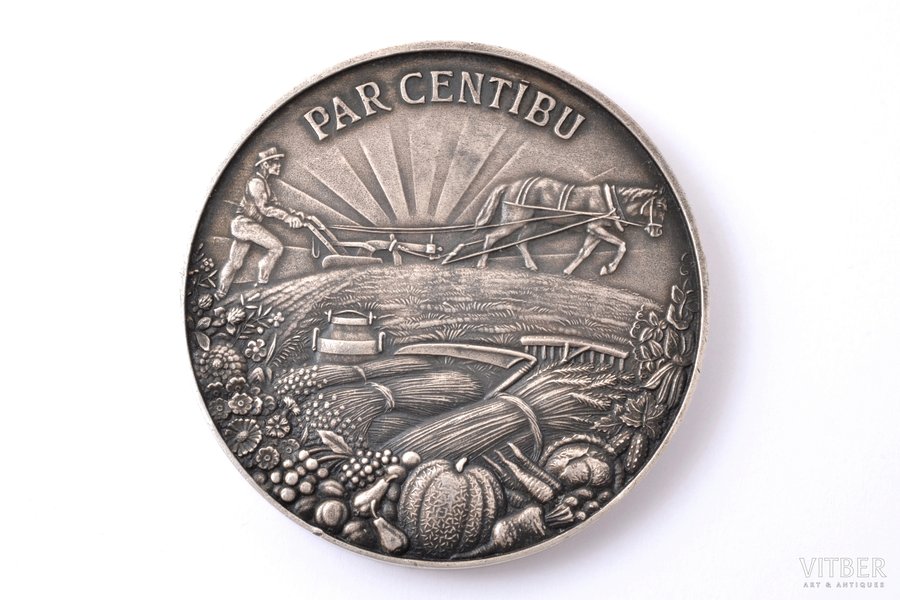 table medal, For diligence, the Ministry of Agriculture, silver, Latvia, 20-30ies of 20th cent., Ø 60.5 mm, 127.75 g, "S. Bercs" firm