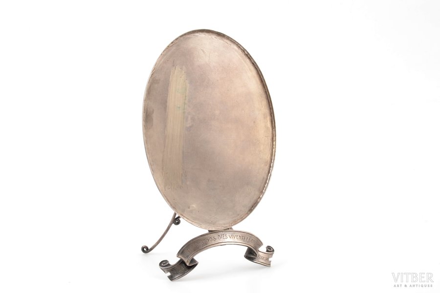 spoguļa rāmis, sudrabs, 875 prove, 107.3 g, 17.7 x 10.1 cm, spoguļa izmēram 14.3 x 10 cm, J. Edelhaus darbnīca, 20 gs. 20-30tie gadi, Rīga, Latvija