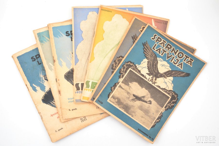"Spārnotā Latvija", žurnālu komplekts aviācijas veicināšanai: Nr. 15, 17 (1935), Nr. 21 (1936), Nr. 32, 42 (1937), Nr. 4, 11 (1939), редакция: R. Celms, R. Vilks, 1935-1939 г., "Literatūra", Рига, 27 x 20 cm