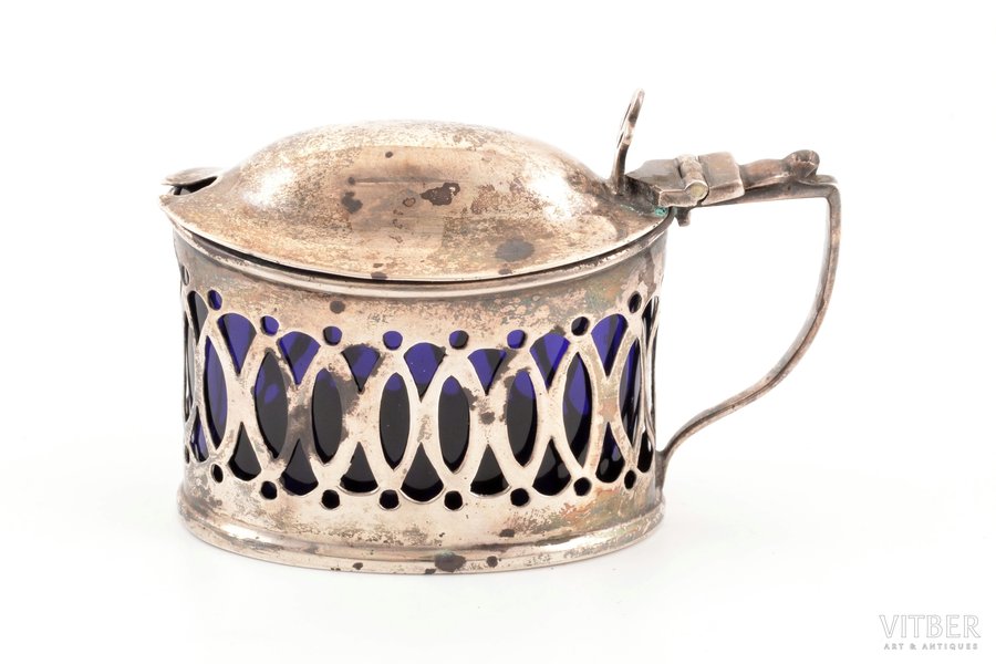 saltcellar, silver, with glass, 925 standard, silver weight 46.5 g, h 5.4 cm, 1901, Birmingham, Great Britain, chip on glass