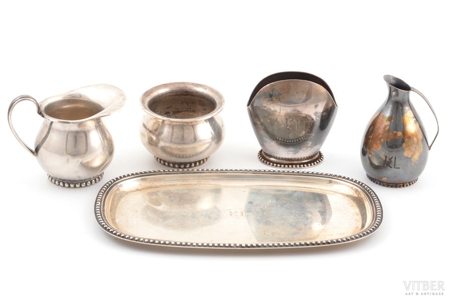 set for spices, silver/metal, 835 standard, total weight of silver items 216.3 g, tray (metal) 19.4 x 11.5 см, h 7.7 / 6.6 / 6.7 / 4.6 cm, the 19th cent., Germany, small dents on the cream jug