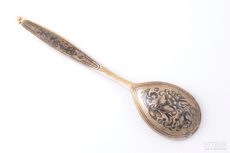 teaspoon, silver, 875 standard, 31.60 g, niello enamel, 15.9 cm, artel "Severnaya Chern", 1974, USSR