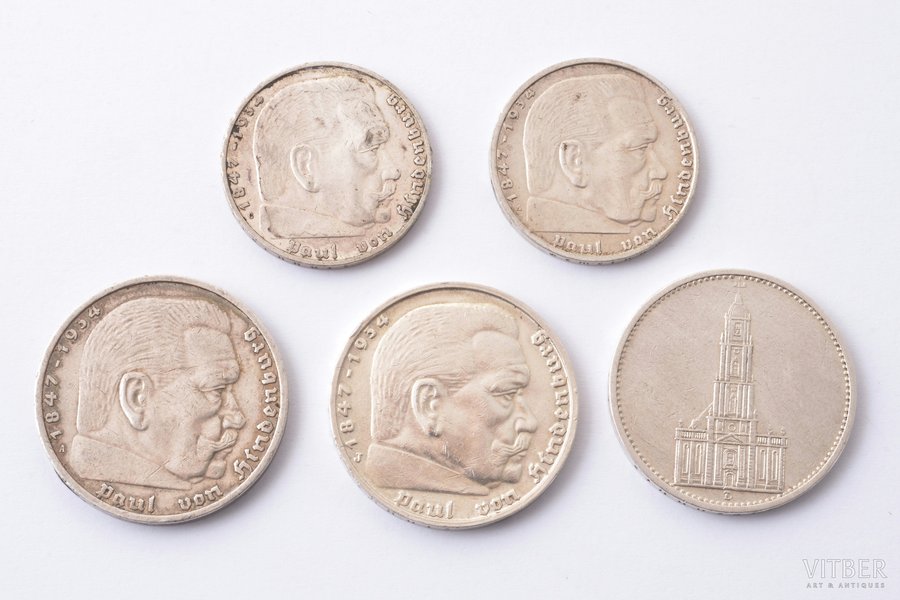 set of 5 coins, silver: 5 marks, 2 marks, 1934-1939, Germany, Ø 25 / 29 mm