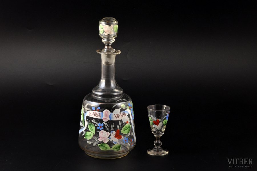 carafe with small glass, hand painted, Russia, height of carafe (with stopper) 24.5 cm, glasses 8.5 cm
