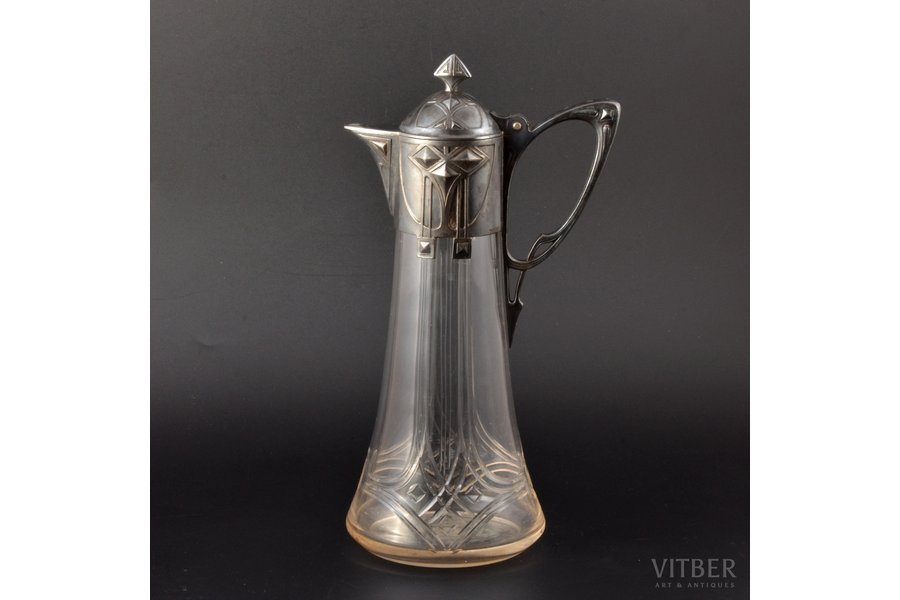 jug, Art Nouveau, Plewkiewicz w Warszawie, silver plated, glass, Russia, Congress Poland, the beginning of the 20th cent., h (with lid) 32.3 cm, base diameter 13 cm