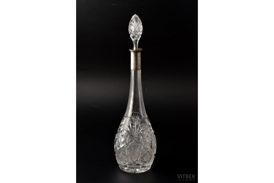 carafe, silver, 875 standard, cut-glass (crystal), height (with stopper) 40.5 cm, the 20ties of 20th cent., Latvia