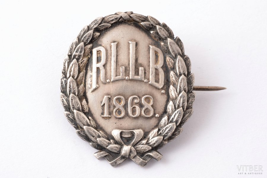 badge, RLLB, 1868 (The Riga Latvian Society was the first organization that united Latvians during the period of the Russian Empire, created taking into account the needs of the Young Latvian movement; it existed from 1868 to 1940.), silver, Latvia, Russia, the end of 19th century, 32.3 x 27.5 mm, 5.56 g