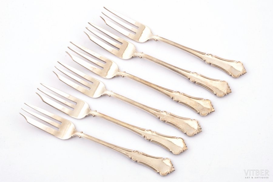 set of 6 dessert forks, silver, 875 standard, total weight of items 204.8 g, 14.8 - 15 cm, the 20-30ties of 20th cent., Latvia, master - "SL", in a box