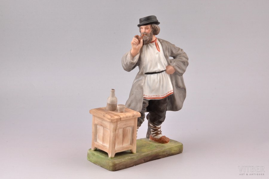 figurine, Peasant man smoking a pipe, bisque, Russia, Gardner manufactory, the end of the 19th century, h 23 cm, without hallmark
