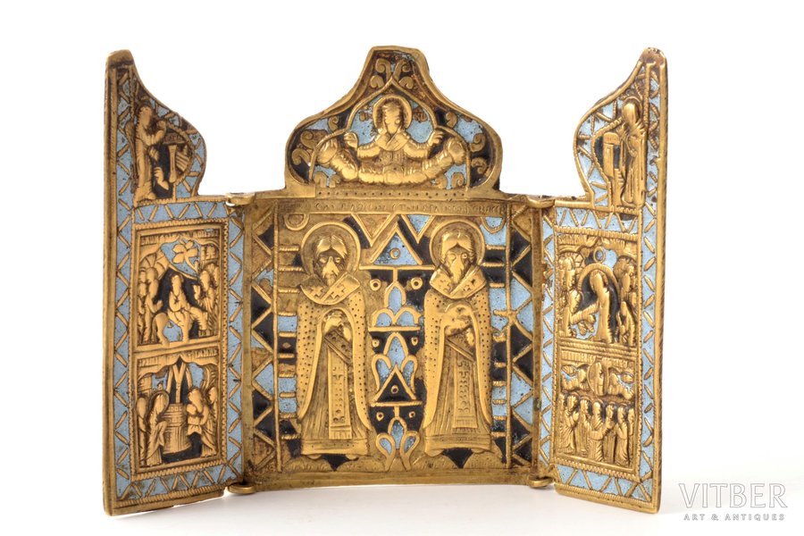 icon with foldable side flaps, Saints Blaise and Athanasius, copper alloy, 2-color enamel, Russia, the 1st half of the 19th cent., 10.2 x 14.2 cm, 165.60 g.