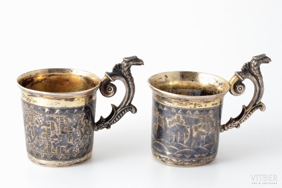 set of charkas (small glasses), silver, 84 standard, total weight of items 105.75 g, gilding, niello enamel, h (with handle) 6.3 cm, 1838, Moscow, Russia