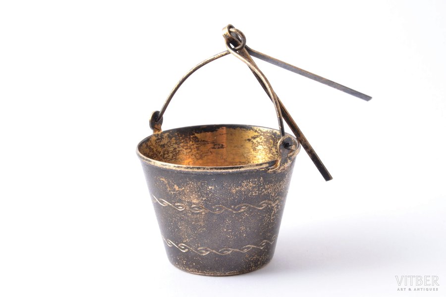 tea strainer, silver, "Bucket", 875 standard, 22.10 g, engraving, gilding, Ø 4.1 cm, h (with handle) 6 cm, Tbilisi Jewelry Factory, 1960, Tbilisi, USSR