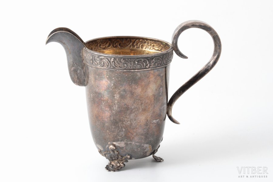 cream jug, silver, 875 standard, 126.40 g, gilding, h (with handle) 10.6 cm, by Arnolds Naika, the 20-30ties of 20th cent., Latvia