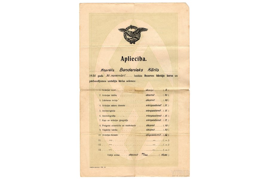 certificate, for graduating from the Reserve Pilot Course, Aviation regiment, issued to Corporal Bandenieks Kārlis, Latvia, 1936, 35.6 x 22.4 cm, tears along folding lines