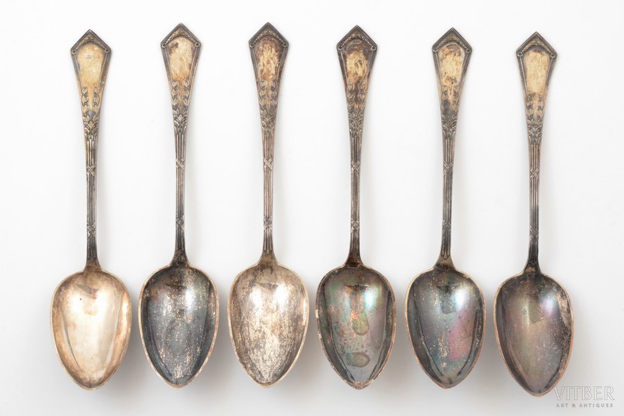 set of 6 soup spoons, silver, 875 standard, total weight of items 360,7 g, 22 cm, the 20-30ties of 20th cent., Latvia