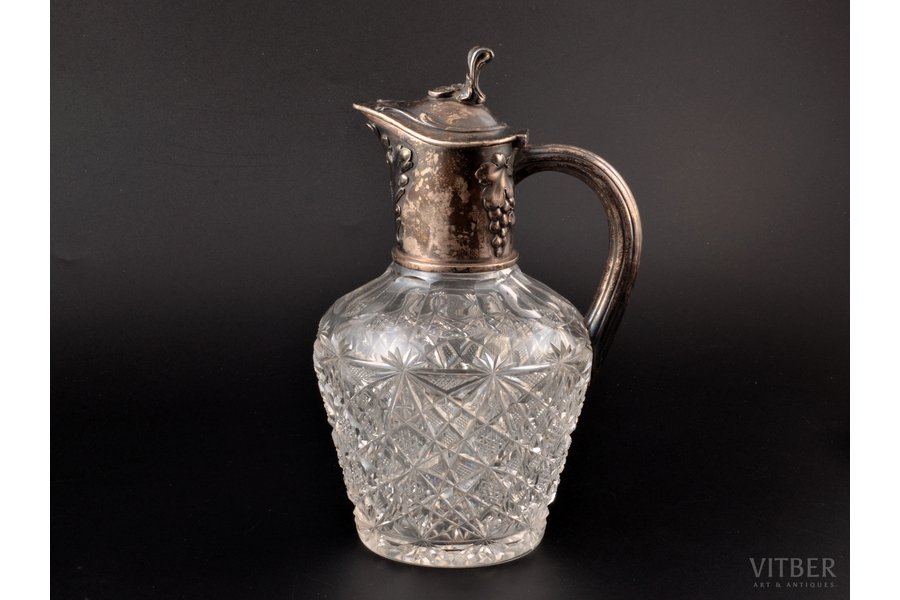 carafe, silver, 84 standard, cut-glass (crystal), h 22.5 cm, Orest Kurlyukov company, 1908-1917, Moscow, Russia, traces of everyday use