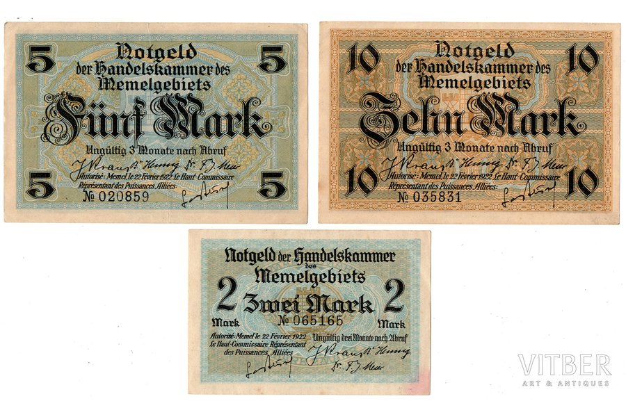 2 марки, 10 марок, 5 марок, комплект банкнот, 3 шт., Мемель (Клайпеда), 1922 г., Литва, XF