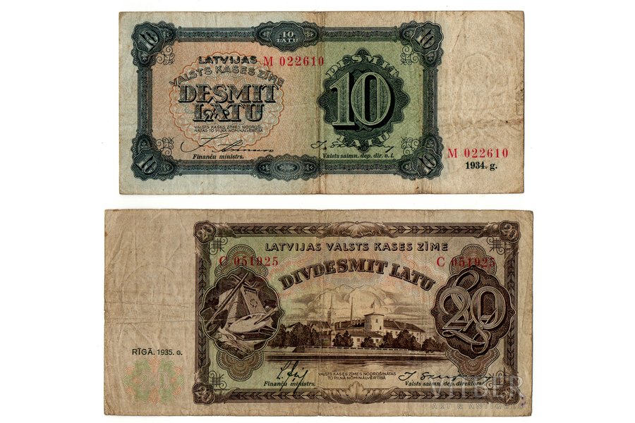set of 2 banknotes: 10 lats, 20 lats, series "M"/"C", 1934 / 1935, Latvia, VF, F