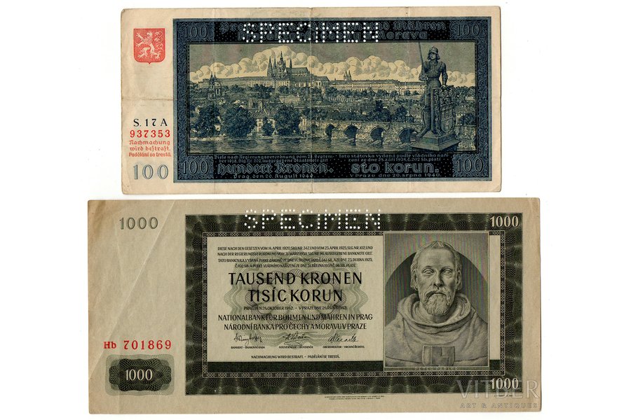 1000 kronas, 100 kronas, banknotes paraugs (SPECIMEN), 2 gab., Bohēmija un Morāvija, 1940 / 1942 g., Čehija