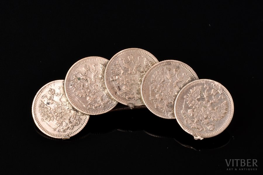 broša, no 5 kapeiku monētām (1870-1880-tie gadi), sudrabs, 500 prove, 5.35 g., izstrādājuma izmērs 2.3 x 7 cm, Krievijas impērija