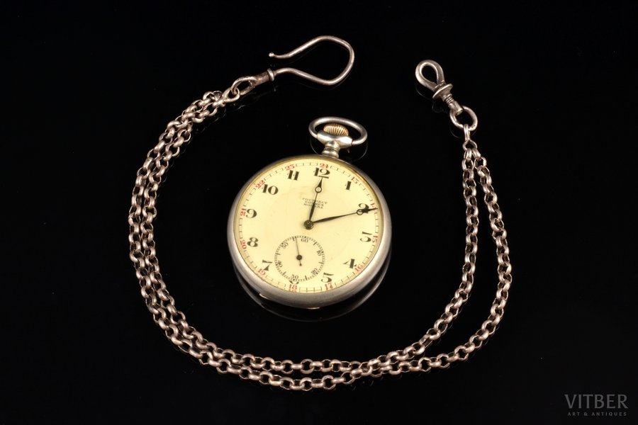 pocket watch, watchguard, "Гострест Точмех", USSR, the 20ties of 20th cent., metal, 74.94 g, 6 x 4.9 cm, Ø 49 mm, mechanism needs to be repaired, watchguard - silver, 84 standard, length 32.5 cm, weight 16.62 g, the second hand stops after a few minutes