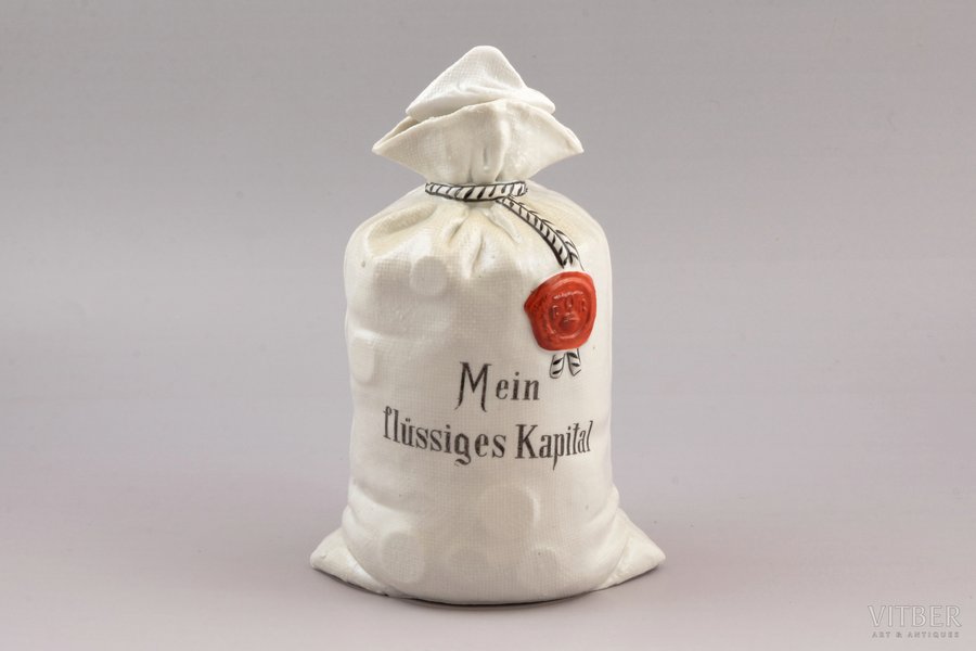 carafe, in the shape of money bag, "Mein flüssiges Kapital MK 10.000", porcelain, "G.R. Mehrfach Geschützt", Germany, the 30ties of 20th cent., h (with stopper) 20 cm
