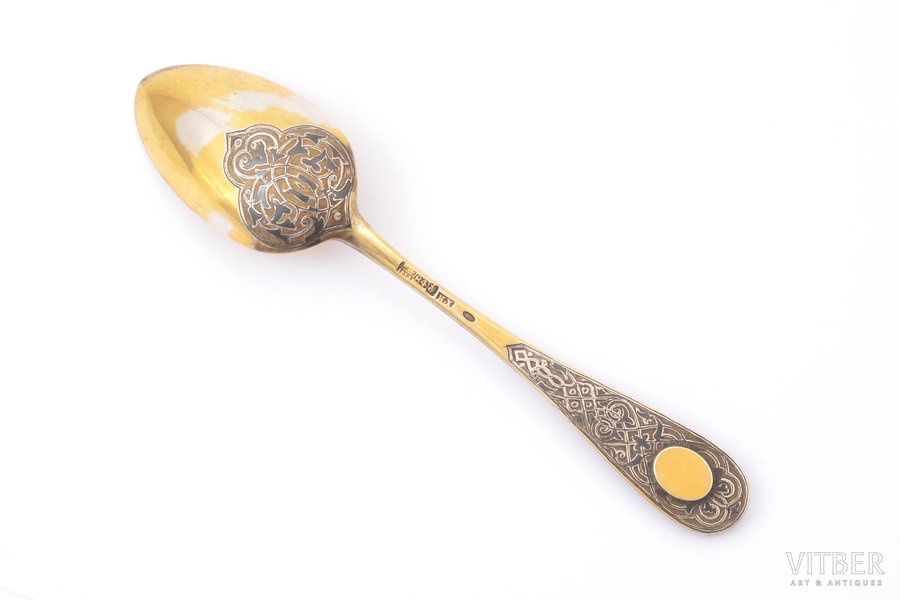 spoon, silver, 84 standard, 50.60 g, niello enamel, gilding, 16.9 cm, Ivan Khlebnikov factory, 1873, Moscow, Russia