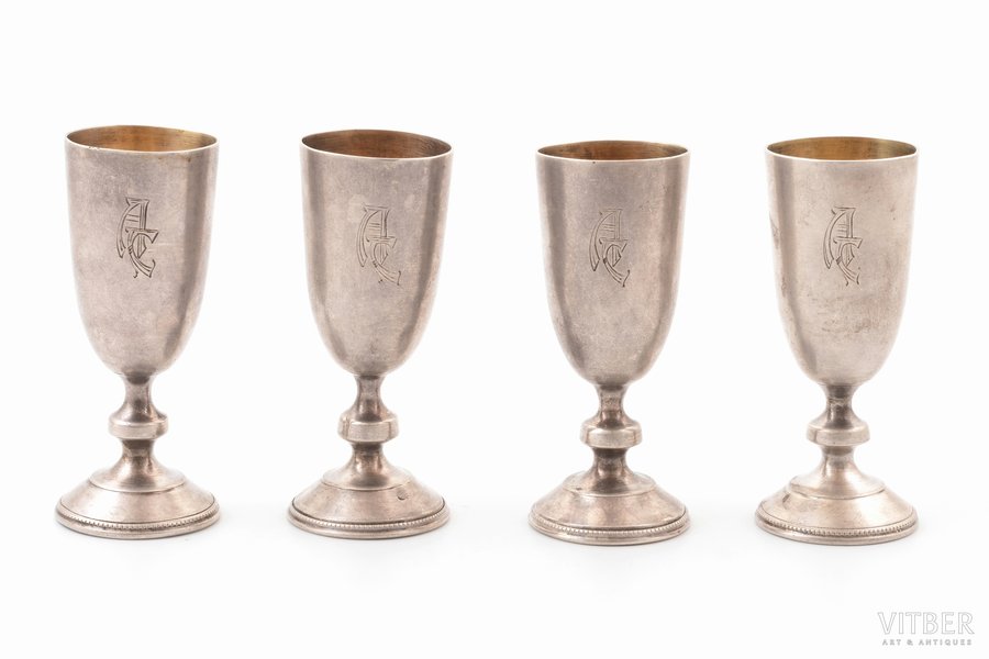 set of 4 small glasses, silver, 84 standard, total weight of items 84.25 g, gilding, h 6.9-7 cm, workshop of Maxim Belousov, 1896-1907, Moscow, Russia