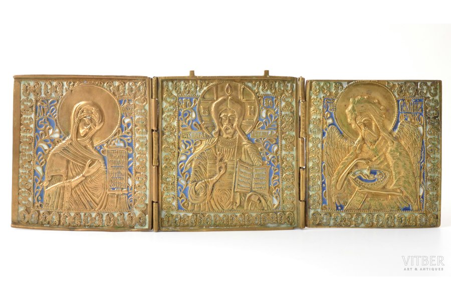 icon with foldable side flaps, Deesis: Jesus Christ, Holy Virgin Mary and St. John the Baptist, copper alloy, 2-color enamel, Russia, the 19th cent., 13 x 34.5 cm, 775.80 g.