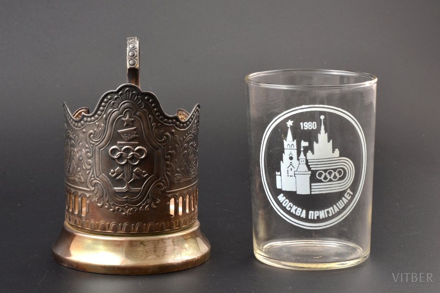 glāzes turētājs un glāze, Olimpiāde-80, Maskava, melhiors, stikls, PSRS, 1980 g., glāzes turētājs: h (ar rokturi) 10.9 cm, Ø (iekšpuse) 6.7 cm