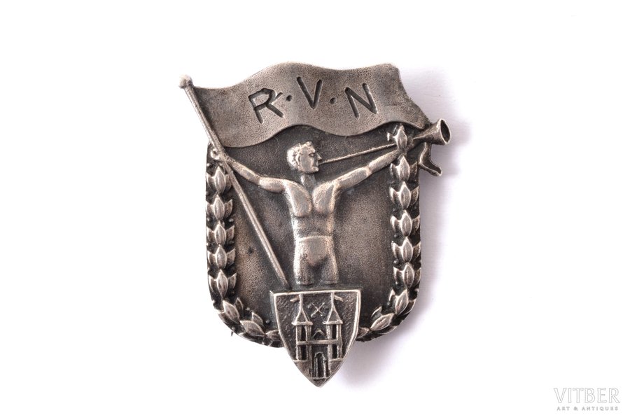 badge, RVN, with coat of arms of Riga, silver, Latvia, 20-30ies of 20th cent., 24 x 20 mm