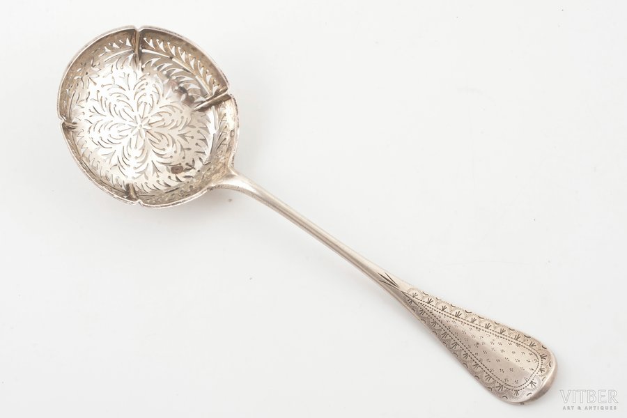 sieve spoon, silver, 950 standard, 58.80 g, engraving, 19.2 cm, France