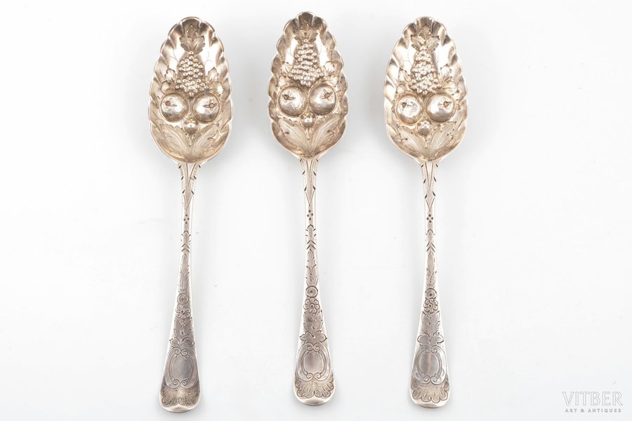 set of 3 spoons, silver, 925 standard, total weight of items 158.20 g, engraving, 20.6-20.7 cm, by Ebenezer Coker, the middle of the 18th cent., London, Great Britain