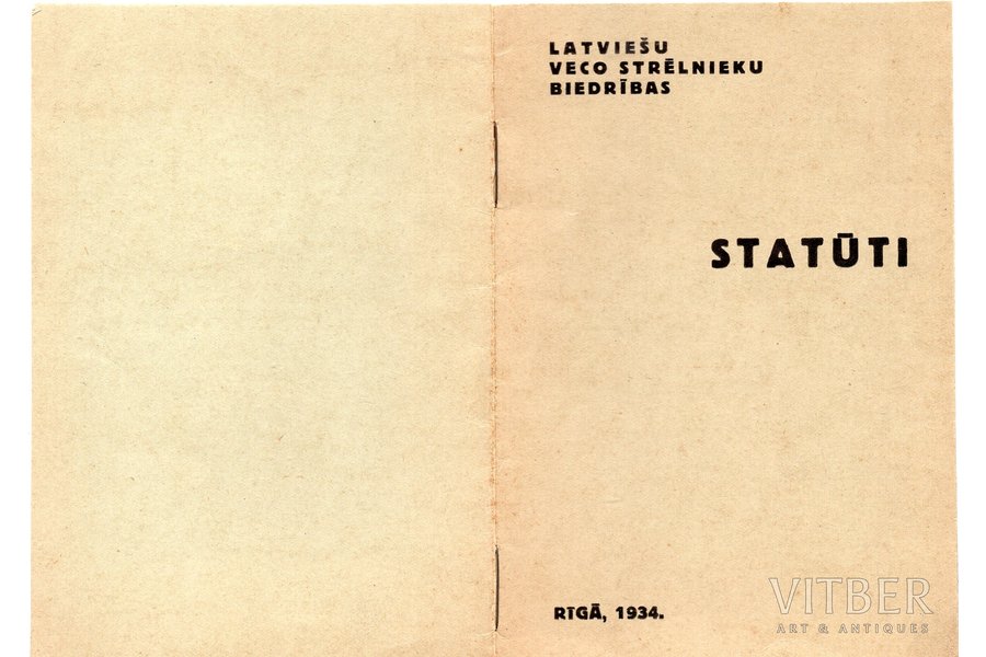 "Latviešu veco strēlnieku biedrības statūti", 1934 g., Rīga, 12 lpp.