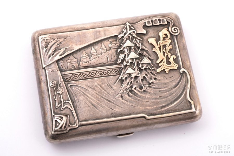 cigarette case, silver, Art Nouveau, 84 standard, 169.20 g, golden onlay detail, gilding, 8.2 x 10.4 x 1.9 cm, 1896-1907, Moscow, Russia