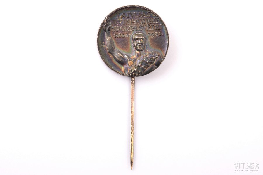 badge, Latvian universal sports holiday, silver, 875 standard, Latvia, 1931, Ø 24 mm, 2.88 g