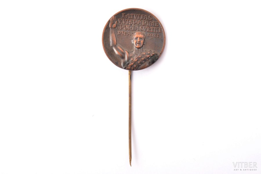badge, Latvian universal sports holiday, copper, Latvia, 1931, Ø 24 mm, 2.39 g
