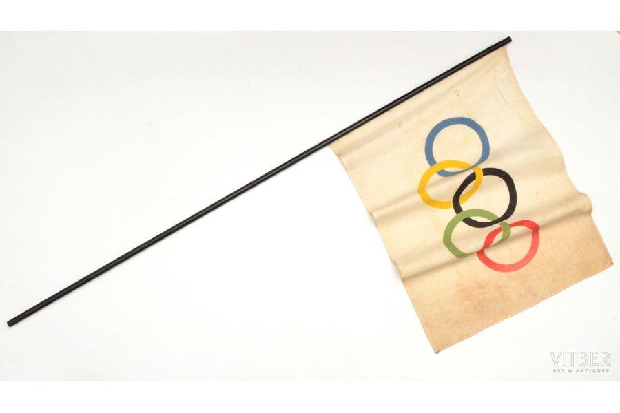 flag, 1936 Summer Olympics in Berlin, Third Reich, canvas size 54 x 38 cm, shaft length 110 cm, wood, fabric, Germany, 1936
