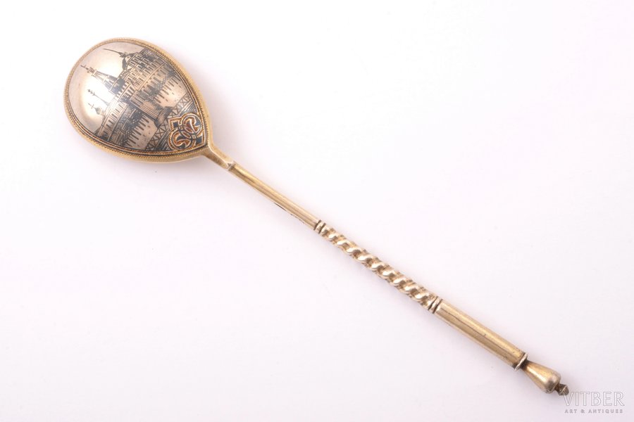 teaspoon, silver, 84 standard, 24.45 g, niello enamel, gilding, 14.6 cm, Levin Stepan Kuzmich factory, 1896-1907, Moscow, Russia