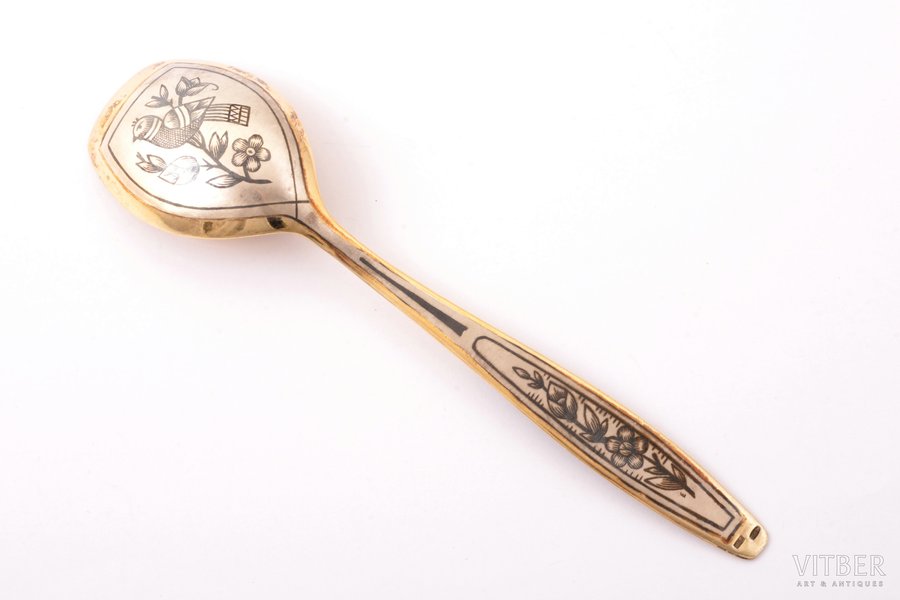 sugar spoon, silver, 875 standard, 22 g, niello enamel, gilding, 13.1 cm, artel "Severnaya Chern", 1978, USSR