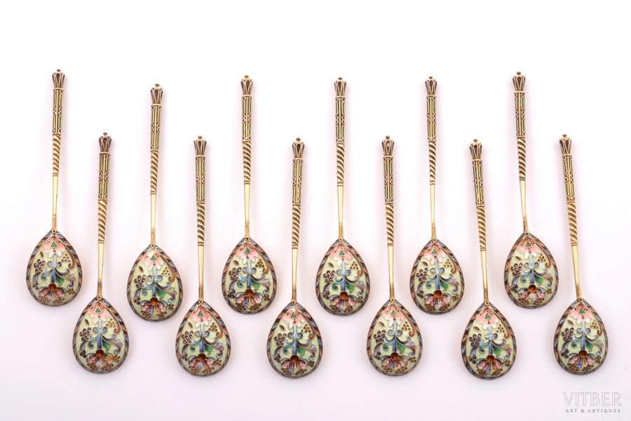 set of 12 coffee spoons, silver, 84 standard, total weight of items 187.55 g, cloisonne enamel, gilding, 10.7 cm, Twenty sixth Moscow Artel, 1908-1917, Moscow, Russia, traces of everyday use on enamel