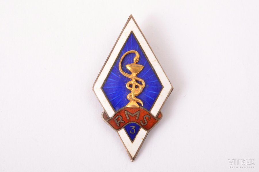 badge, Riga Medical School, RMS 3, silver, Latvia, USSR, 40ies of 20 cent., 35.5 x 19.4 mm, 4.35 g