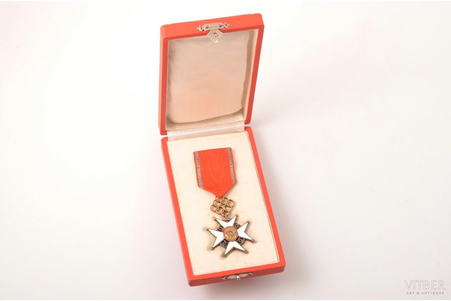 order, Cross of Recognition, awarded to the soloist of the Reiter's Latvian Choir Konstance Bērziņa, 5th class, silver, enamel, Latvia, 1938-1940, 38 x 36 mm, chip on the surface of white enamel on the reverse, in a case