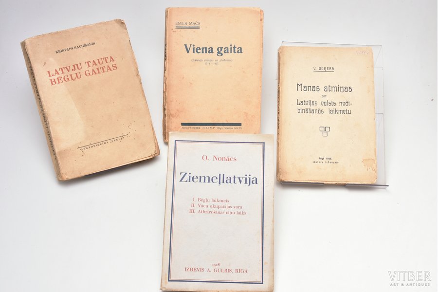 set of 4 books: K. Bachmanis, V. Beķers, E. Mačs, O. Nonācs, 1923-1928, A.Gulbis, Autora izdevums, Daiņas izdevums, Saule apgādniecība, Riga, torn spine, damaged cover, water stains